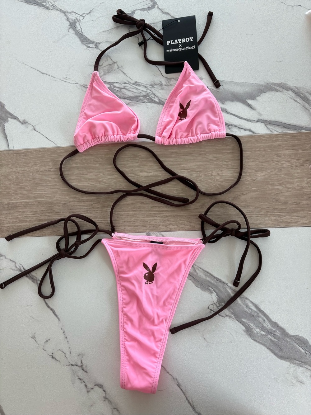 PLAYBOY Pink Triangle Bikini with Brown Ties
